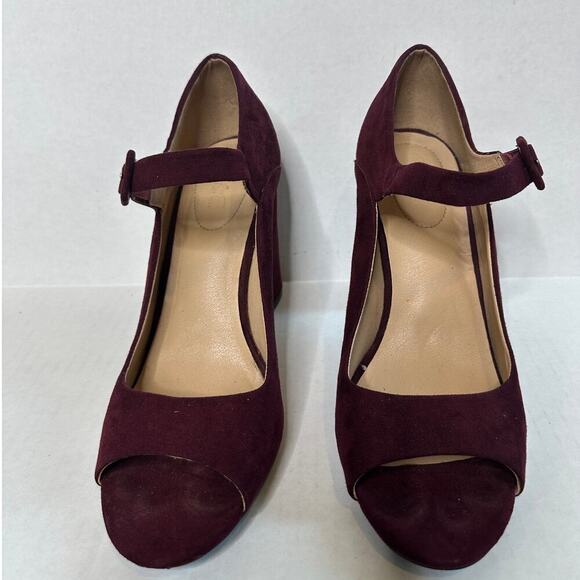 Size 10 Burgundy Red Ankle Strap Peep Toe Mary Jane Block High Heels Shoes Work - Picture 3 of 12